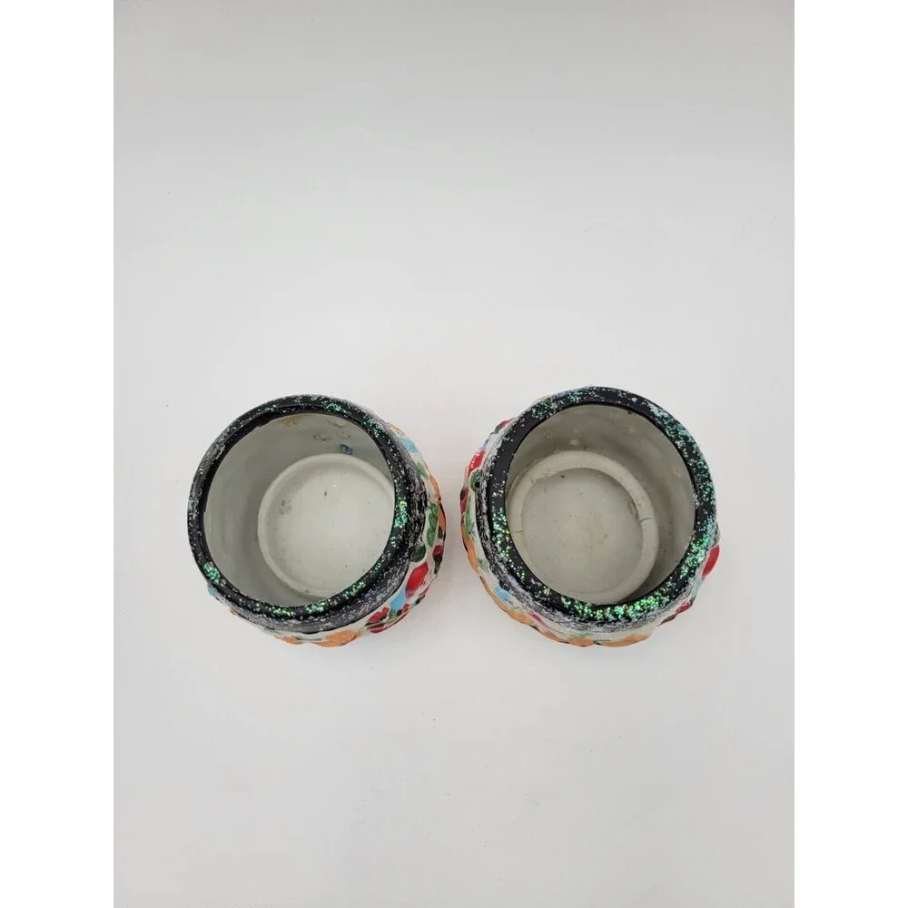 2 Vtg Giftco Ceramic Tea Light Candle Holders Santa Sleigh Reindeer Glitter 3.5